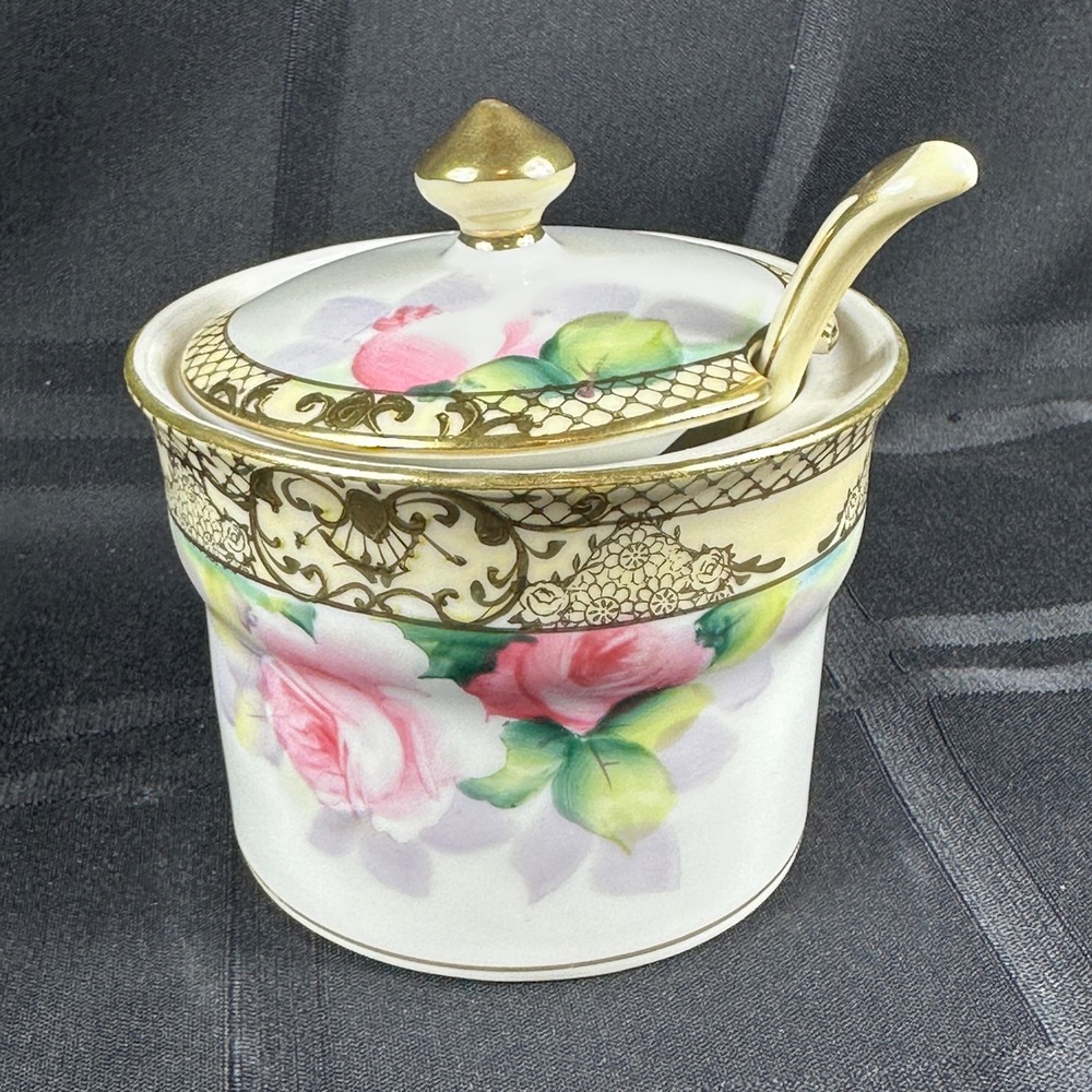 Noritake Morimura Hand Painted Porcelain Jam Jar‎ Spoon Pink Rose Gold Moriage
